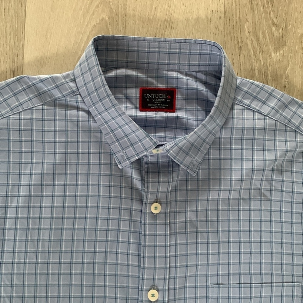 UNTUCKit‎ X-Large Slim Fit Nylon Blue Button Down Shirt stretching plaid casual